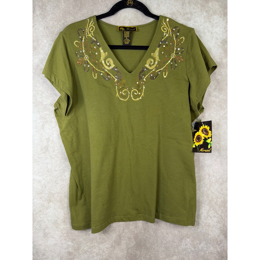 NWT Mirasol Top Womens XL Olive Green Embroidered Sequin V-Neck Boho